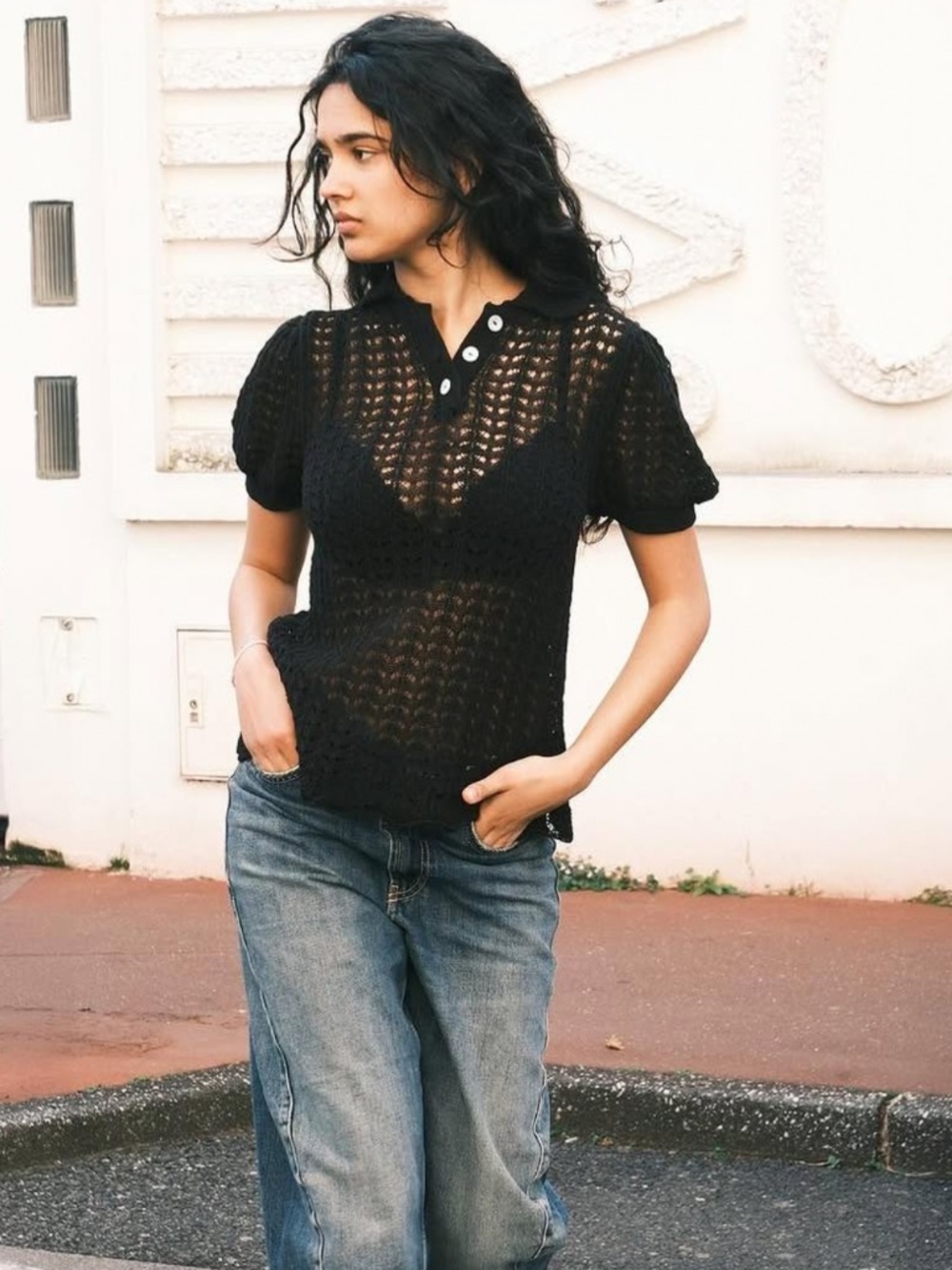 Zara Black Knit Semi Sheer Polo Shirt S